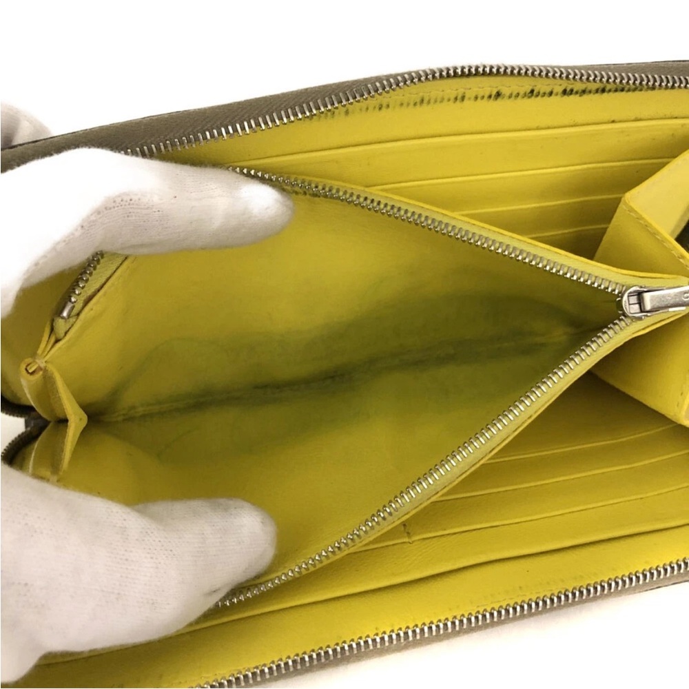 Authentic CELINE Logo Grey x Yellow Leather White Stitch Zip Around Long Wallet - Picture 6 of 8
